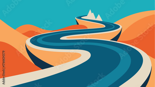 A stylized topdown view of a winding road with dynamic curves and subtle shadows emphasizing an adventurous routing experience.