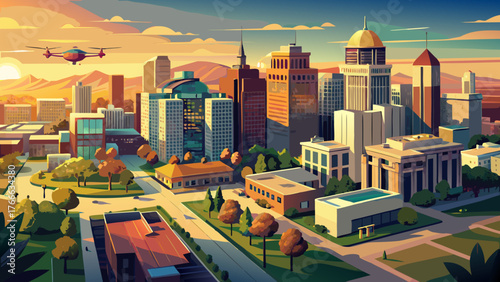 Very beautiful, 4K Ultra HD drone shot of morning sunlight on downtown buildings in Fresno, California, city skyline, glowing rooftops, urban landscape, clear skies, and serene early morning atmospher