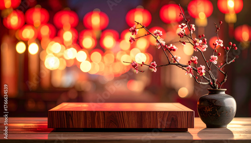 Low Square China Theme New Year Podium with Traditional Lantern Background