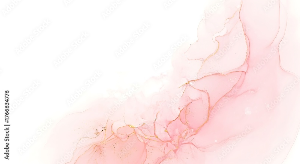 Fototapeta premium Soft flowing abstract watercolor ink wash with delicate pink and gold hues on a clean white background