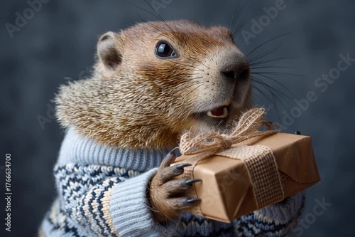 Groundhog holding a gift and talking