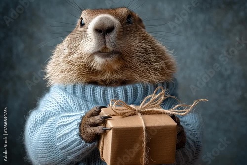 Groundhog in a sweater holding a gift