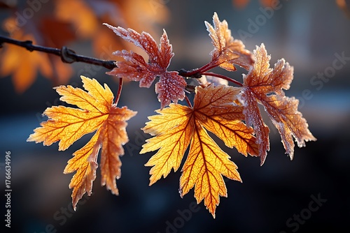 Maple leaves drenched in golden sunlight, capturing the rich autumn hues and crispness of fall in a warm glow.