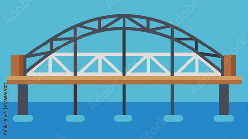 A schematic of a bridge showcasing structural components like trusses supports and roadway layouts over a body of water.
