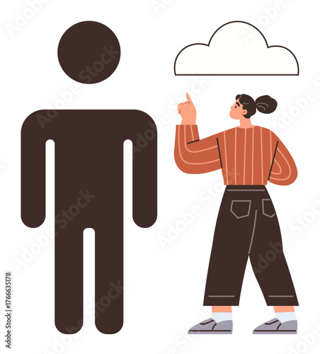 Female figure touches a cloud icon above a minimalist human silhouette. Ideal for communication, brainstorming, creativity, innovation, ideas, teamwork, and metaphors for thinking in a simple flat
