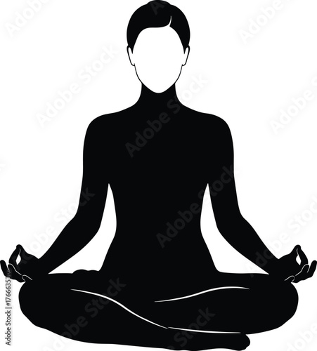 Vector illustration of a woman meditating in lotus pose on white background.