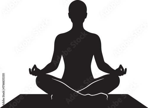Vector illustration of a woman meditating in lotus pose on white background.