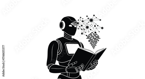 Robot reading a book with neural network floating above its head