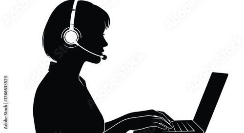 Silhouette of a woman using a headset and working on a laptop