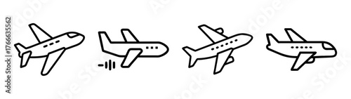 Set of four airplane icons simple line art travel transportation flying aircraft symbols