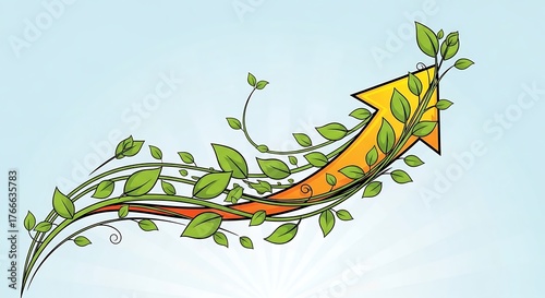 Growth Arrow with Green Leaves - Sustainable Business and Environmental Progress.