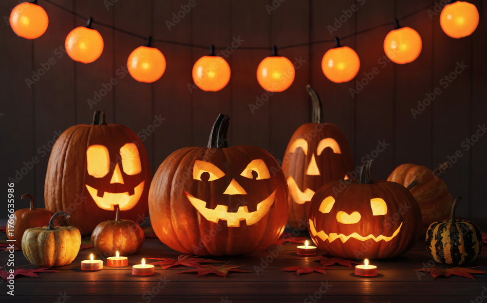 Fototapeta premium Glowing Jack-O’-Lanterns with String Lights and Candles on Dark Halloween Night