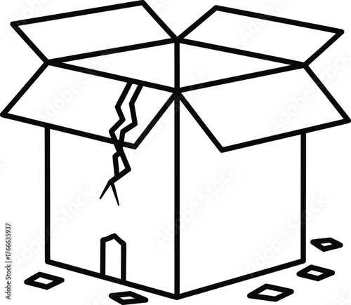 Simple line drawing of a damaged open cardboard box with a crack and scattered pieces