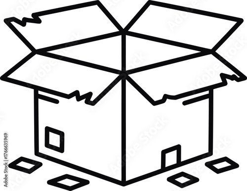 Open cardboard box icon with torn flaps and small squares scattered around