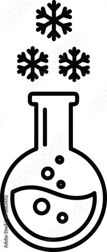 Scientific illustration of snowflakes falling into a laboratory flask containing bubbling liquid