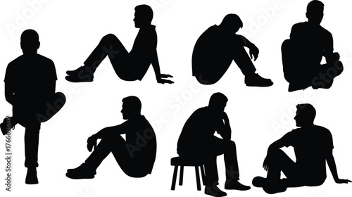 Black silhouette people sitting, various poses, cross-legged, leaning back, stool posture, body language concept, vector illustration design