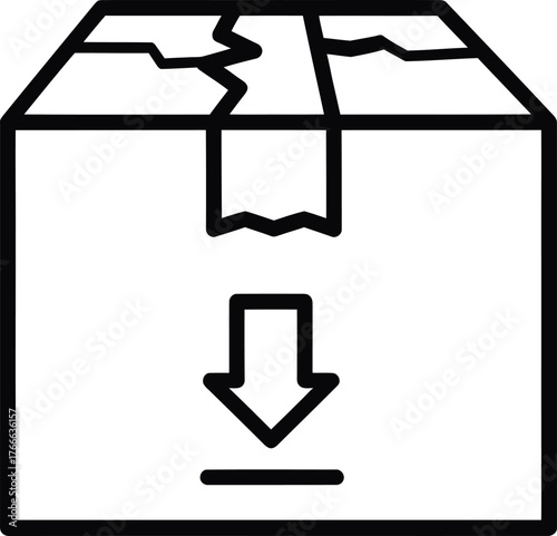 Illustration of a damaged cardboard box with a downward arrow indicating a fragile item inside