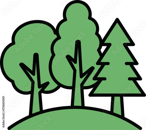 Stylized illustration of diverse green trees on a rolling hilltop under a clear sky