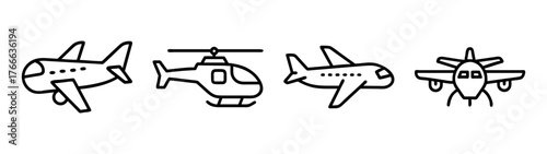 Set of four simple line drawings of air vehicles including airplanes and helicopter