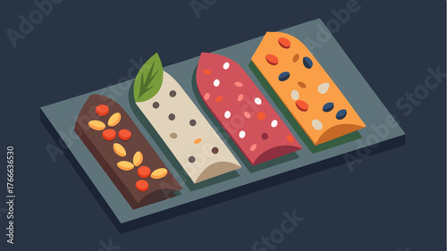 A selection of colorful homemade energy bars arranged on a slate plate made with nuts seeds and dried fruits ready for a snack.