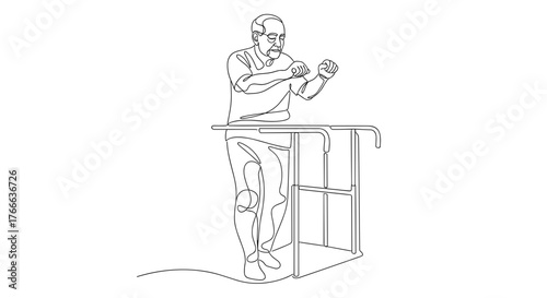 Elderly man using walker for rehabilitation therapy, senior mobility and health recovery