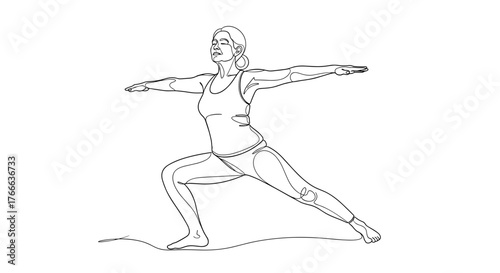 Line art of senior woman doing yoga warrior pose, promoting healthy and active aging lifestyle