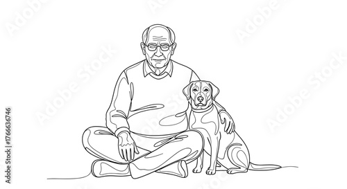 Senior man with family dog walking outdoors in park, companionship and healthy lifestyle for older adults