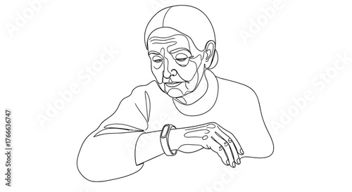 Elderly woman checking smartwatch for health tracking, senior wellness and technology