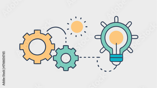 A minimalist design featuring a pair of gears one painted with intricate designs and the other encircled by a halo of light bulbs highlighting creativity versus conventional