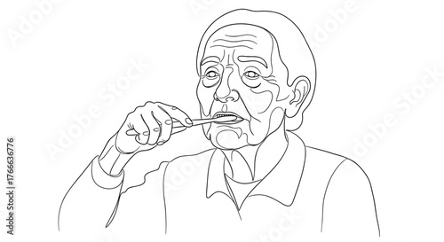 Senior person brushing teeth, oral hygiene and elderly self-care