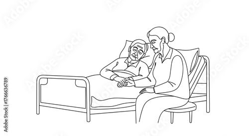 Elderly woman holding hand of senior patient in hospital bed, support and caregiving in healthcare setting