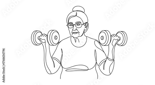 Senior woman lifting dumbbells for strength training, promoting active aging and healthy lifestyle