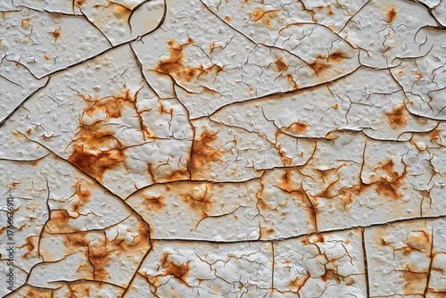 Texture of peeling paint on a metal wall. Close-up of a metal surface with old peeling paint
