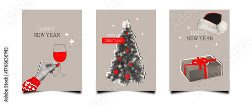 Christmas and 2026 new year trendy halftone collage cards 