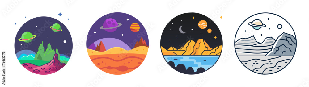 Fototapeta premium Four circular alien landscapes surreal cosmic worlds imagined worlds diverse scifi visions