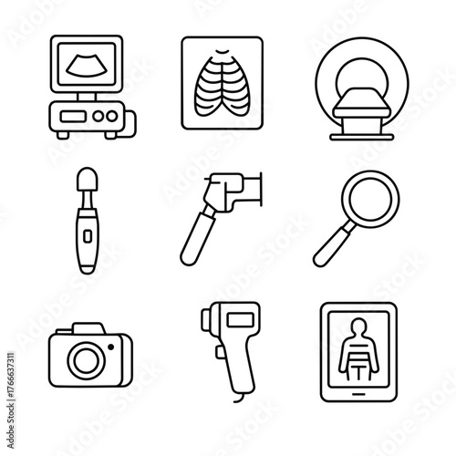 Medical diagnostic tools and equipment icons in line art style  