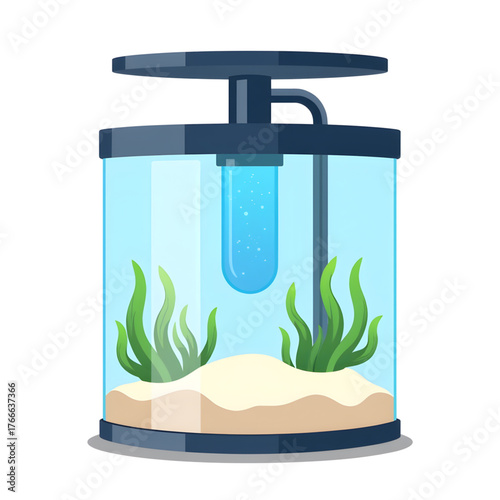 Aquarium filter illustration with aquatic plants on transparent background, household pet care