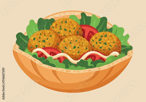 Vector illustration of a delicious falafel pita sandwich.