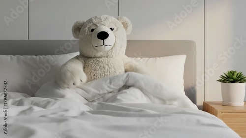 Stuffed polar bear toy sleeping soundly under a blanket in a bedroom. Cozy home interior design for comfort and relaxation footage.