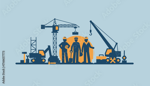 Construction workers with tools, heavy machinery and cranes on site, silhouettes highlighting teamwork, safety gear and engineering progress in urban construction and infrastructure development