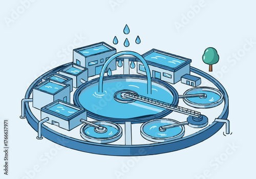 Isometric illustration of a modern water purification plant facility.
