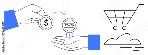Hand exchanging dollar coin for token, shopping cart and cloud symbol. Ideal for e-commerce, digital payment, blockchain, retail, cloud technology, transaction flow abstract money concepts. A simple