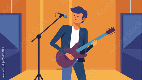 A musician playing an electric guitar in a soundproof studio with a microphone positioned to capture the rich tones of the instrument.