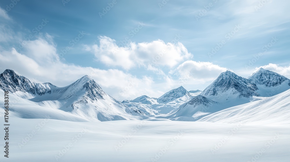 Fototapeta premium A serene winter landscape featuring snow-covered mountains under a clear blue sky with fluffy clouds, creating a tranquil and picturesque scene.