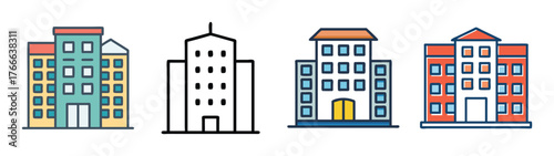 Collection of stylized apartment building icons for various design applications