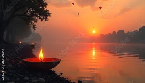 A single earthen diya lamp glows brightly on a river bank at Sankranti sunset.