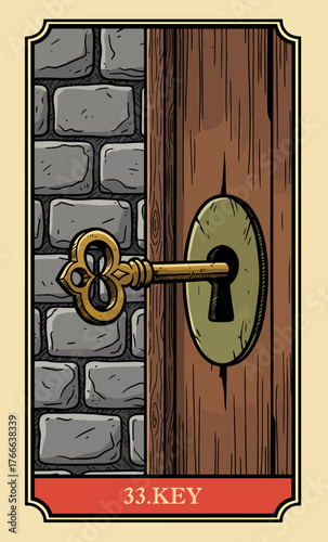The key. A comic-style fantasy card from the Lenormand Oracle deck. The classic 5:3 ratio for divination cards.	