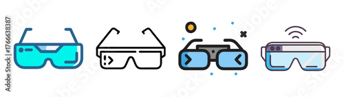 Modern augmented reality glasses icons set for digital experiences