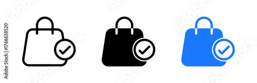 Shopping bag icon with checkmark in black, blue, and outline styles, representing added to cart or purchase confirmation