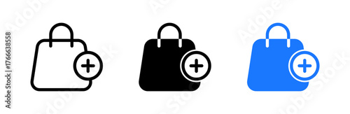 Shopping bag icon with plus symbol in black, blue, and outline styles, representing add to cart or item selection for purchase